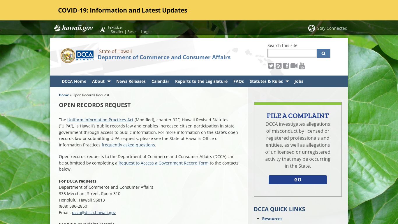 Department of Commerce and Consumer Affairs | Open Records Request - Hawaii